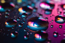 Closeup Of Water Drops On Colorful Holographic Surface. Colorful Abstract Macro Background Of Round Geometry With Air Bubbles Inside. Sparkly Cover With Muted Colors. Generative AI