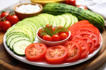 Poster - ripe and sliced tomatoes and cucumbers on a platter