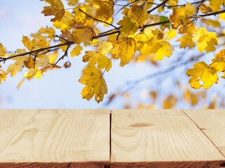 Sticker - The empty blank wooden table with background of autumn.