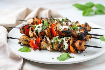 Poster - a white plate of charred yogurt-marinated chicken skewers