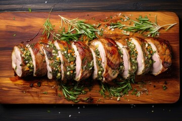 Canvas Print - top view of rotating pork loin sidesprinkled with mixed herbs