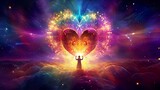 Fototapeta Kosmos - Healer channeling in a comic glowing heart. Loves surrounding, cosmic beautiful universal love, heart filled with life, and lights. Meditation. Chakra. Concept of esoteric and spirituality