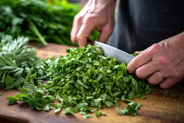 Poster - hand chopping herbs for greek-style lamb barbecue marinade