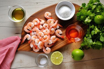 Wall Mural - flat-lay of shrimp and chili lime seasoning on table