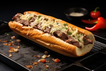 Sticker - philly cheesesteak on a black slate with scattered seasoning around