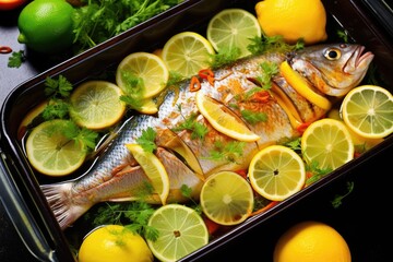 Sticker - fish in a marinade, surrounded by sliced lemons and limes