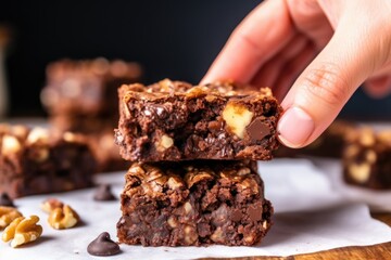 Poster - hand holding a square piece of brownie with crunchy walnuts on top