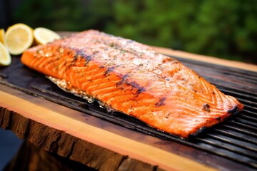 Sticker - close-up of seasoned salmon fillet on a cedar plank