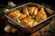 chicken legs basted in garlic butter in a rustic roasting tin