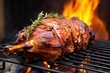 close-up of a spiced leg of lamb on a rotisserie