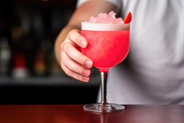 Canvas Print - closeup of hand picking up a daiquiri from the table