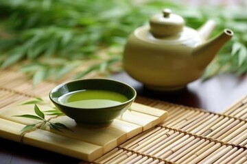 Canvas Print - green tea and ceramic teapot on a bamboo mat