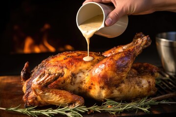 Canvas Print - hand dropping rosemary onto alabama chicken bathed in white bbq sauce