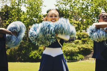 Sticker - Cheerleader, dancing and field in teamwork in sport, fitness and energy at competition in team. Woman, men and diversity in balance for training, pom poms and college performance with collaboration