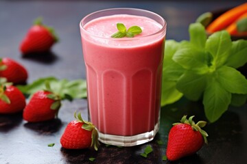 Canvas Print - a strawberry shake surrounded by fresh mint leaves