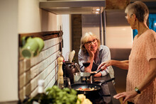 Senior Lesbian Couple Preparing A Organic Dinner In The Kitchen