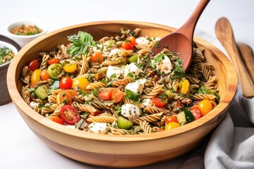 Wall Mural - hand stirring pasta salad with a large wooden spoon