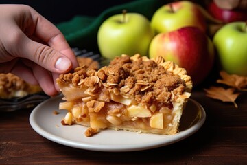 Wall Mural - hand holding a slice of apple pie on a plate, ready to serve