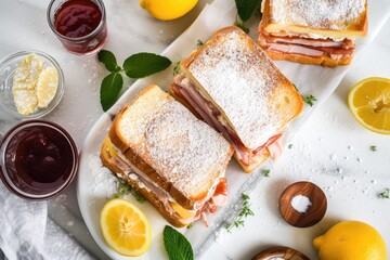 Wall Mural - overhead shot of a monte cristo sandwich surrounded by ingredients