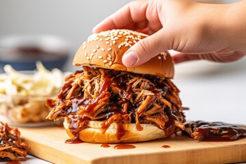 Wall Mural - hand spooning bbq pulled pork into a bun