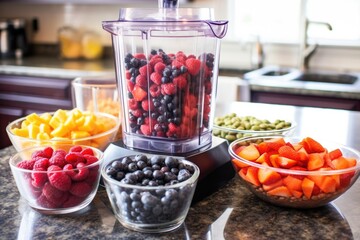Wall Mural - a blender filled with berries and juice, before blending into a smoothie