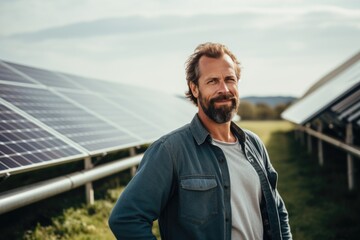 Wall Mural - Portrait of a middle aged man standing by the solar panels