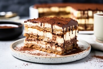 Canvas Print - side view of a tiramisu slice, showcasing its multiple layers