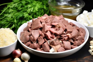 Poster - close-up of beef stroganoff ingredients: mushrooms, onion, and beef