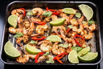 Wall Mural - shrimps with chili lime mix on metal grilling pan