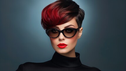  photo of a beautiful woman with a stylish hairstyle, wearing stylish transparent glasses, close-up