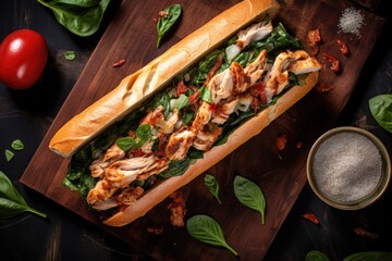 Poster - top view of a baguette sandwich with turkey and spinach