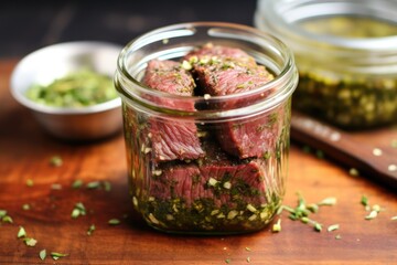 Sticker - steak marinating with herb rub inside a glass container