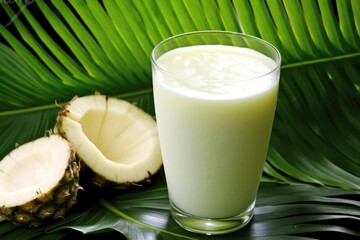 Poster - tropical leaves surrounding a glass of chilled pina colada