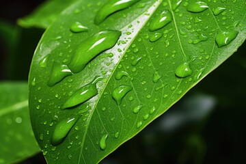 Sticker - closeup of water droplets on vibrant green leaf