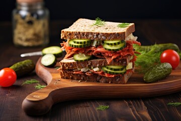 Wall Mural - homemade sandwich with pickles on a wooden board