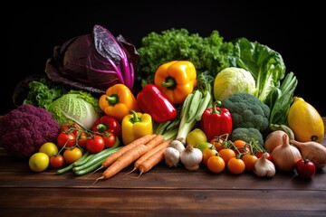 Sticker - vibrantly-colored fruits and vegetables on a wooden table