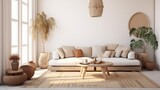 Fototapeta Boho - The stylish boho composition at living room interior with design beige sofa, coffee table, wicker baskets and elegant personal accessories. Brown and white pillows and plaid Cozy apartment. Home decor