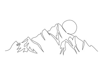 Wall Mural - Continuous one line drawing of mountain landscape with sunrise. High mounts peak lineart drawing vector design. Adventure, winter sports, hiking and tourism concept.  