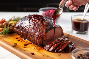 Wall Mural - hand glazing brisket with barbecue sauce using a brush