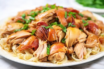 Sticker - sliced chicken thighs on a bed of cooked noodles