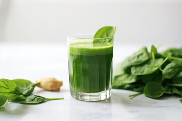 Wall Mural - clear glass of green juice on a minimalist white table