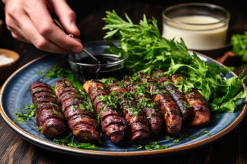 Poster - hand tossing grilled octopus tentacles with fresh herbs on a plate