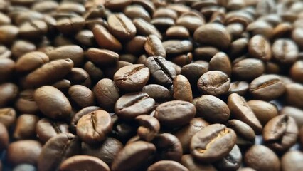 Wall Mural - Side view of a background representing halves of dark brown coffee beans. Roasted coffee beans, selective focus