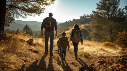 Family with kid hiking in the mountains in autumn.