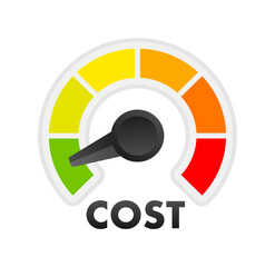 Cost reduction Level Meter, measuring scale. Cost reduction Level speedometer indicator. Price management. Vector stock illustration