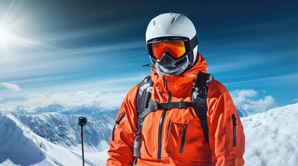 Sticker - Portrait of a male skier in helmet and winter clothes on the background of snow-covered mountain slope