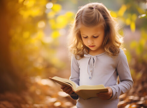 little girl reading holy bible book in the garden.