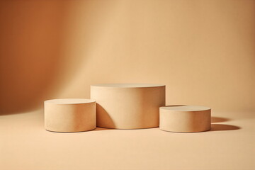 Wall Mural - apricot cylindrical plinths for products isolated on one color tan studio background