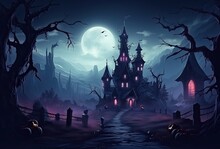 Background For Halloween Old Gothic Castle Haunted Mansion On A Scary Night