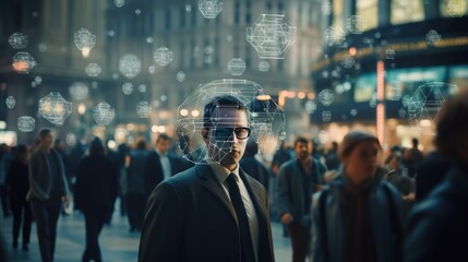 Businessman in the city with a virtual world map on the background